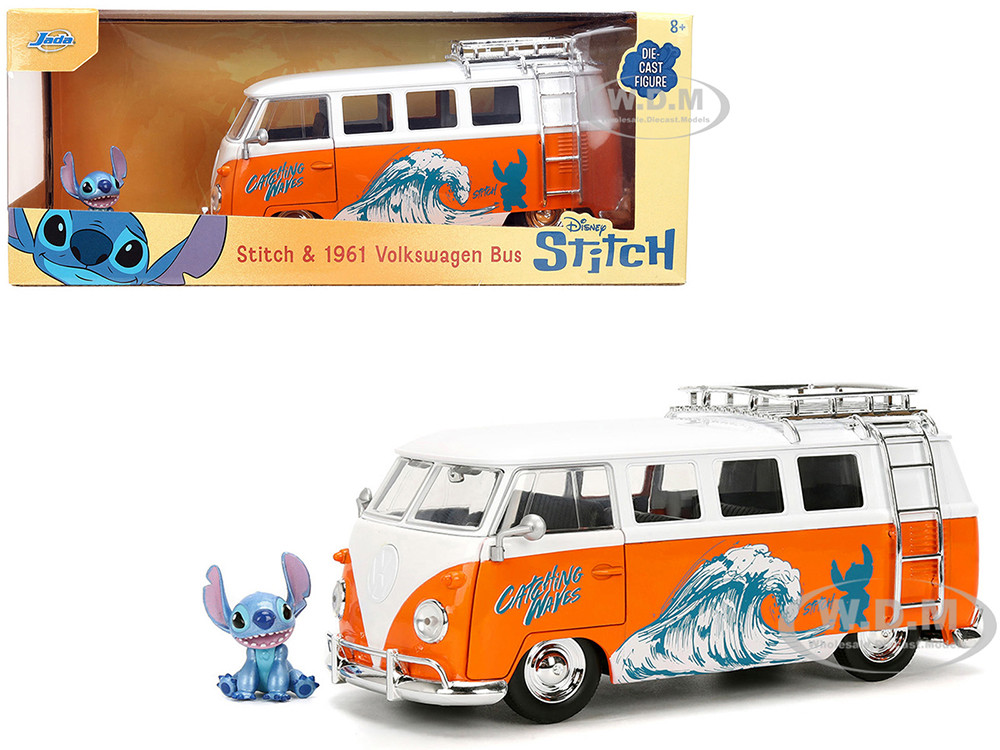 1961 Volkswagen Bus "Catching Waves" White and Orange with Stich Diecast Figure "Disney's Stitch" "Hollywood Rides" Series 1/24 Diecast Model by Jada diecast model