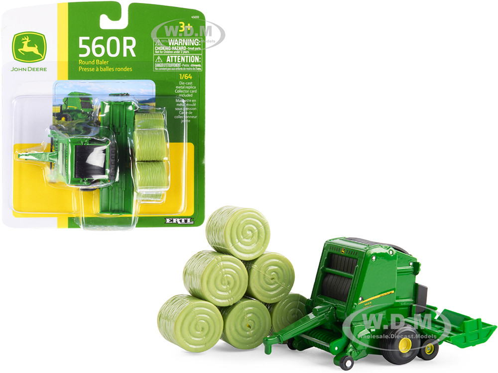 John Deere 560R Round Baler Green with Six Hay Bales 1/64 Diecast Model by ERTL TOMY diecast model