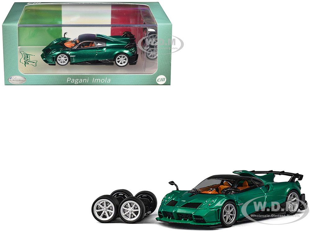 Pagani Imola Emerald Green Metallic with Carbon Top and Extra Wheels 1/64 Diecast Model Car by CM Model diecast model
