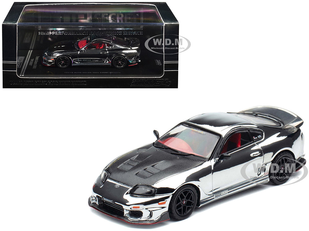 Toyota Supra (A80) "Top Secret" GT300 RHD (Right Hand Drive) Chrome with Carbon Hood and Red Interior "Tokyo Auto Salon 2026 Event Exclusive" 1/64 Diecast Model Car by Inno Models diecast model