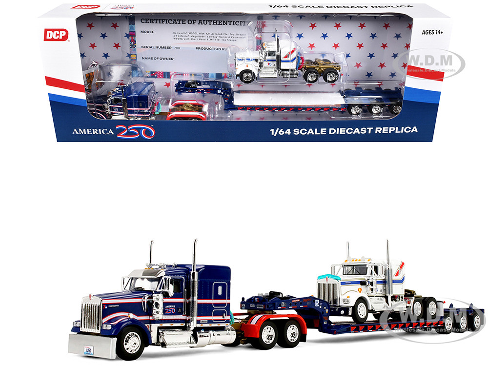 Kenworth W900L with 72" Aerocab Flat Top Sleeper Blue with White Stripes and Fontaine Magnitude Lowboy Trailer with Kenworth W900A Load White with Blue and Red Stripes "America 250" 1/64 Diecast Model by DCP/First Gear diecast model