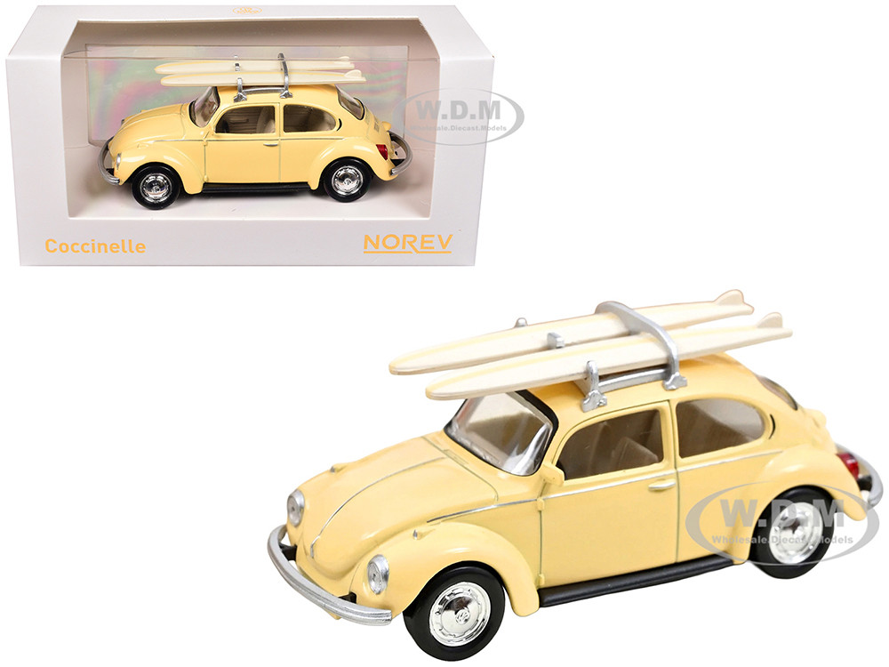 1973 Volkswagen Beetle 1303 Pastel Yellow with Roof Rack and 2 Surfboards 1/43 Diecast Model Car by Norev diecast model