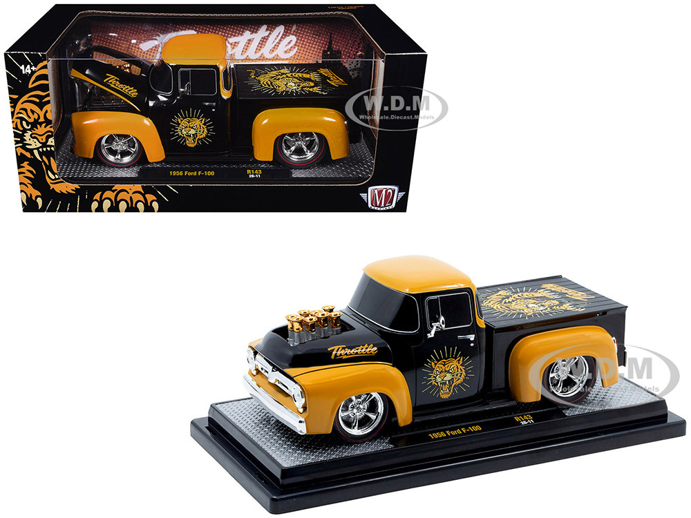 1956 Ford F-100 Pickup Truck "Throttle" Black with Brown Top and Fenders with Graphics Limited Edition to 6250 pieces Worldwide 1/24 Diecast Model Car by M2 Machines diecast model