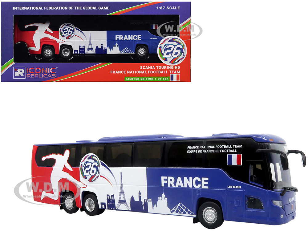 Scania Touring HD Coach Bus "France National Football Team" Blue with Graphics "International Federation of the Global Game" Series Limited Edition to 504 pieces Worldwide 1/87 (HO) Diecast Model by Iconic Replicas diecast model