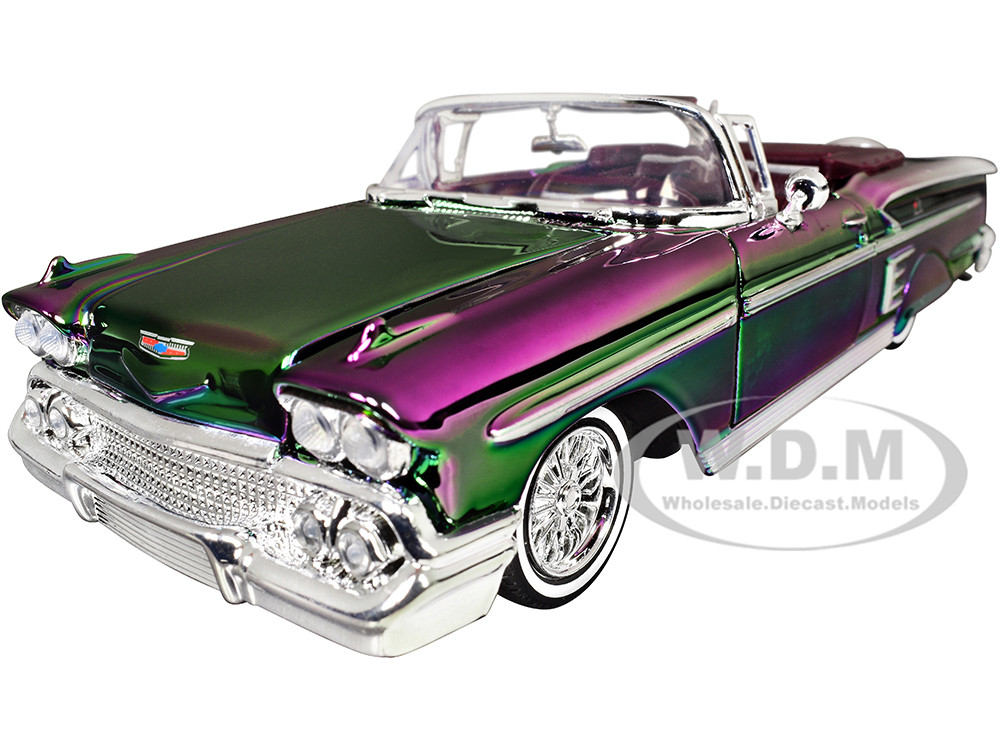 1958 Chevrolet Impala Green and Purple Chrome "Custom Wrap" Series 1/24 Diecast Model Car by Motormax diecast model