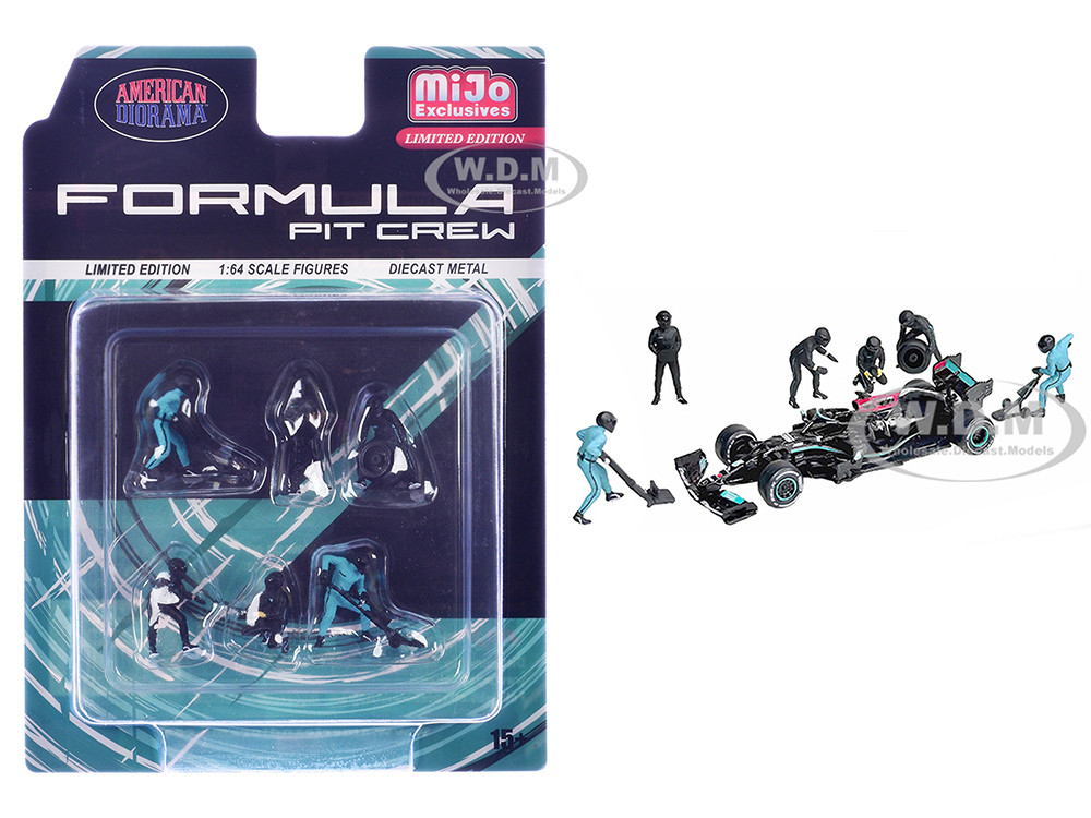 "Formula Pit Crew  Team Black" 6 piece Diecast Figure Set (6 Figures) Limited Edition for 1/64 Scale Models by American Diorama diecast model