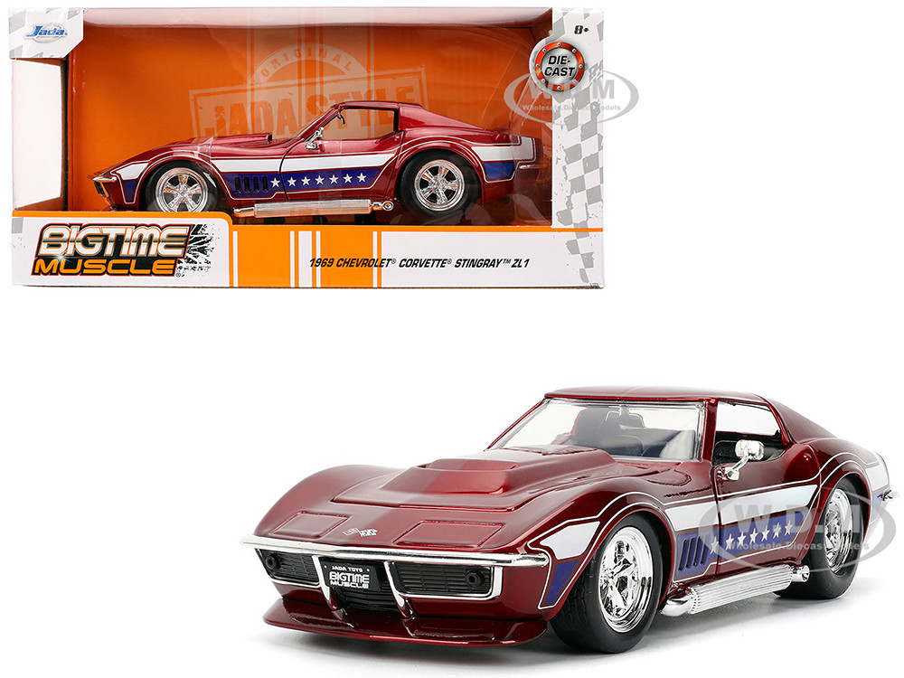 1969 Chevrolet Corvette Stingray ZL1 Red Metallic with Stars and Stripes Graphics "Bigtime Muscle" Series 1/24 Diecast Model Car by Jada diecast model
