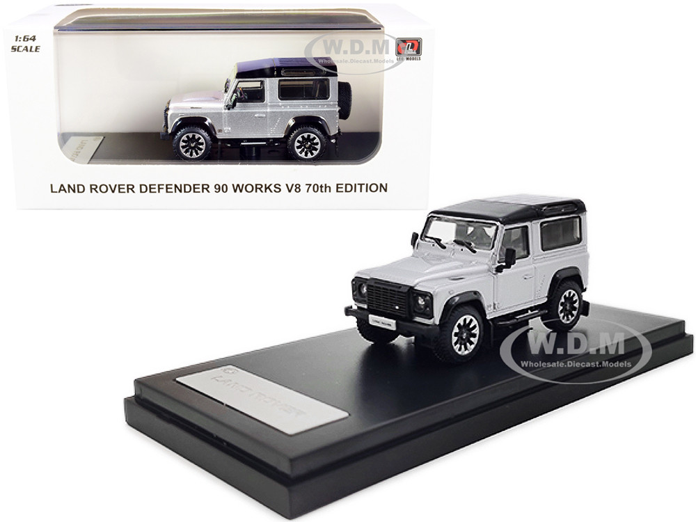 Land Rover Defender 90 Works V8 Silver Metallic with Black Top "70th Edition" 1/64 Diecast Model Car by LCD Models diecast model