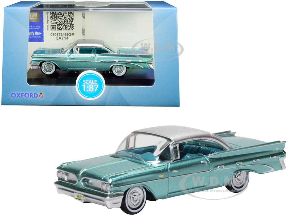 1959 Pontiac Bonneville Coupe Seaspray Green with Silver Top 1/87 (HO) Scale Diecast Model Car by Oxford Diecast diecast model