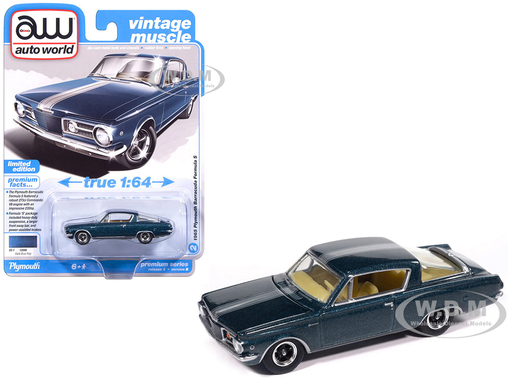 1965 Plymouth Barracuda Formula S Dark Blue Metallic with Silver Stripe "Vintage Muscle" Series 1/64 Diecast Model Car by Auto World diecast model