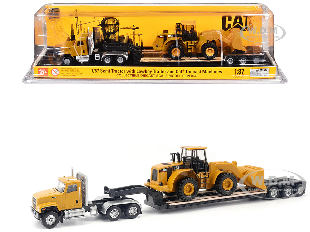 CAT Caterpillar CT681 Day Cab Tractor Yellow with Lowboy Trailer and CAT 950G Wheel Loader Yellow 1/87 (HO) Diecast Model by Diecast Masters diecast model