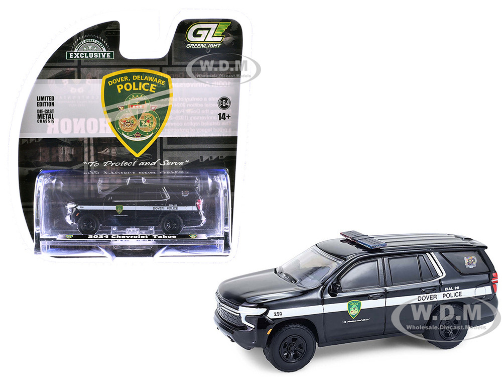 2024 Chevrolet Tahoe Police Pursuit Vehicle "Dover Police  100th Anniversary Edition" Black with White Stripes "Hobby Exclusive" Series 1/64 Diecast Model Car by Greenlight diecast model