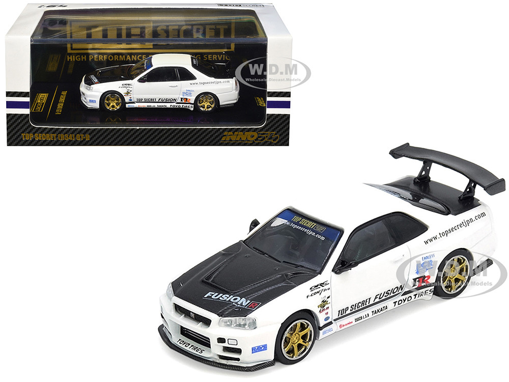 Nissan Skyline GT-R (R34) "Top Secret" RHD (Right Hand Drive) White with Carbon Hood 1/64 Diecast Model Car by Inno Models diecast model