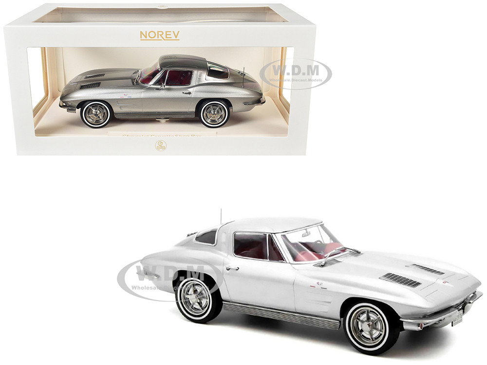 1963 Chevrolet Corvette Sting Ray Sebring Silver Metallic with Red Interior 1/18 Diecast Model Car by Norev diecast model