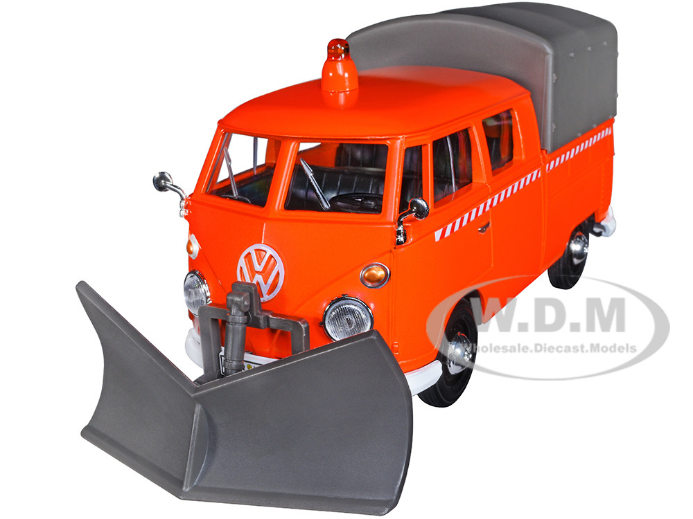 Volkswagen Type 2 (T1) Pickup Truck Orange with Snow Plow and Camper Shell 1/24 Diecast Model Car by Motormax diecast model
