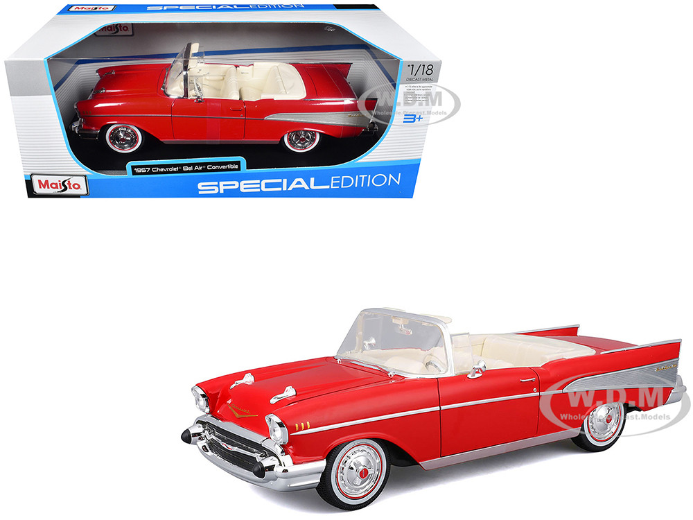 1957 Chevrolet Bel Air Convertible Red with White Interior "Special Edition" Series 1/18 Diecast Model Car by Maisto diecast model