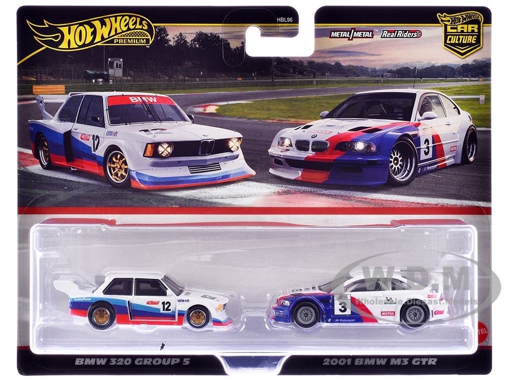 BMW 320 Group 5 #12 White with Stripes and 2001 BMW M3 GTR #3 White with Stripes "Car Culture" Set of 2 Cars Diecast Model Cars by Hot Wheels diecast model