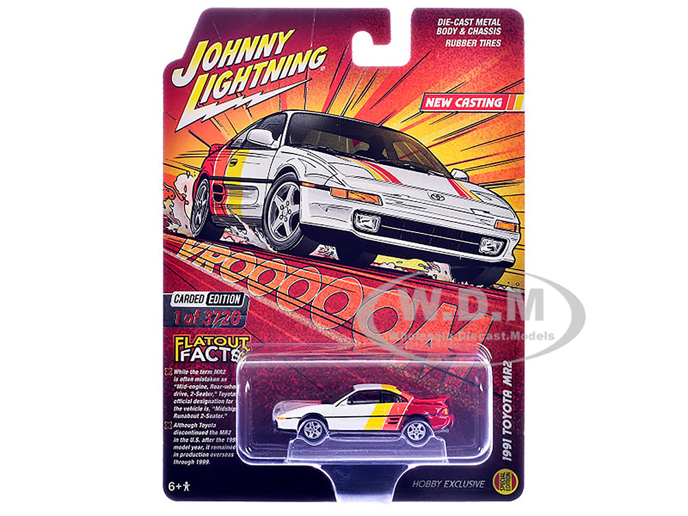 1991 Toyota MR2 White with Stripes "Hobby Exclusive" Series Limited Edition to 3720 pieces Worldwide 1/64 Diecast Model Car by Johnny Lightning diecast model