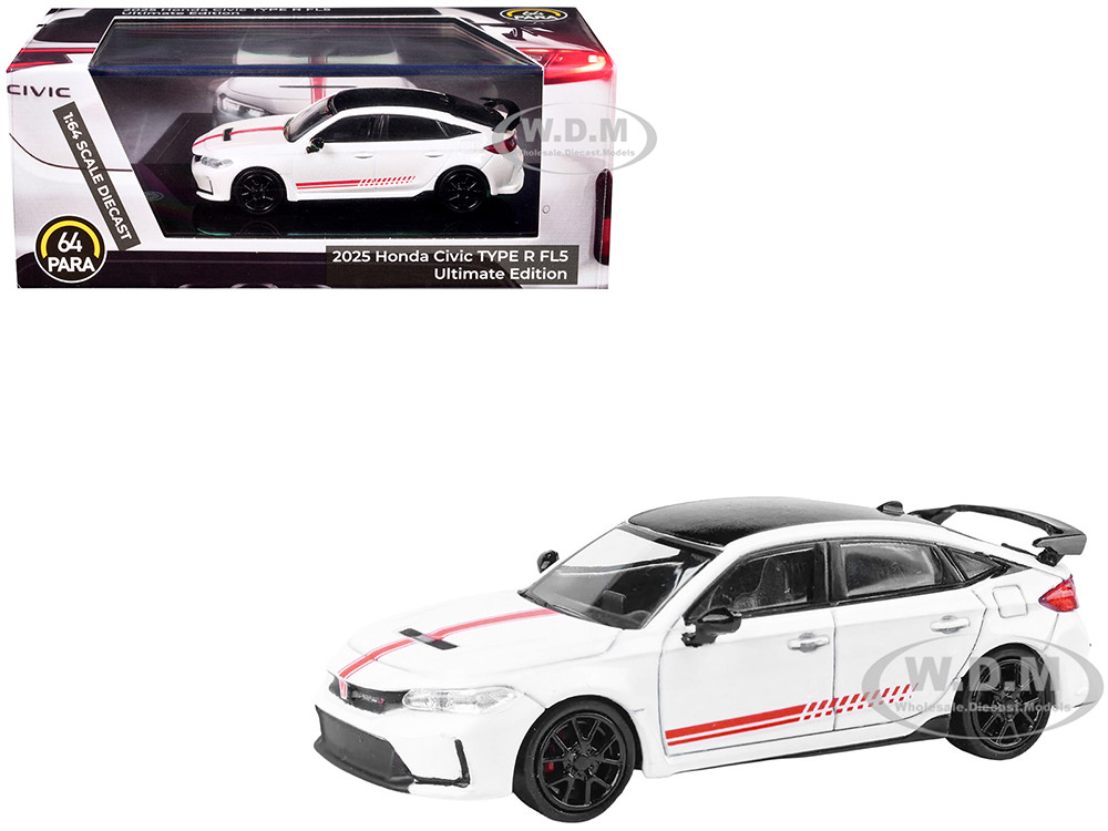 2025 Honda Civic Type R FL5 "Ultimate Edition" White with Red Stripes and Black Top 1/64 Diecast Model Car by Paragon Models diecast model