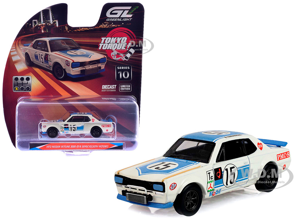 1972 Nissan Skyline 2000 GT-R (KPGC10) RHD (Right Hand Drive) #15 Kunimitsu Takahashi "50th Victory" White with Blue Stripe "Tokyo Torque" Series 10 1/64 Diecast Model Car by Greenlight diecast model