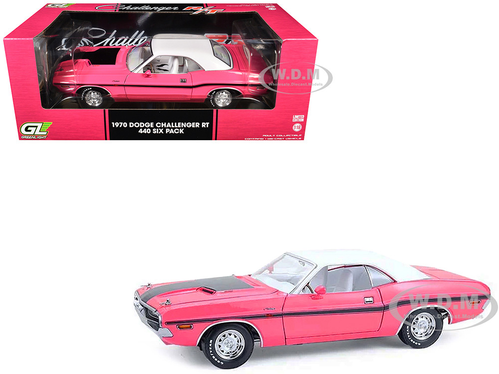 1970 Dodge Challenger R/T 440 Six Pack Panther Pink with Black Stripes, White Top and White Interior 1/18 Diecast Model Car by Greenlight diecast model