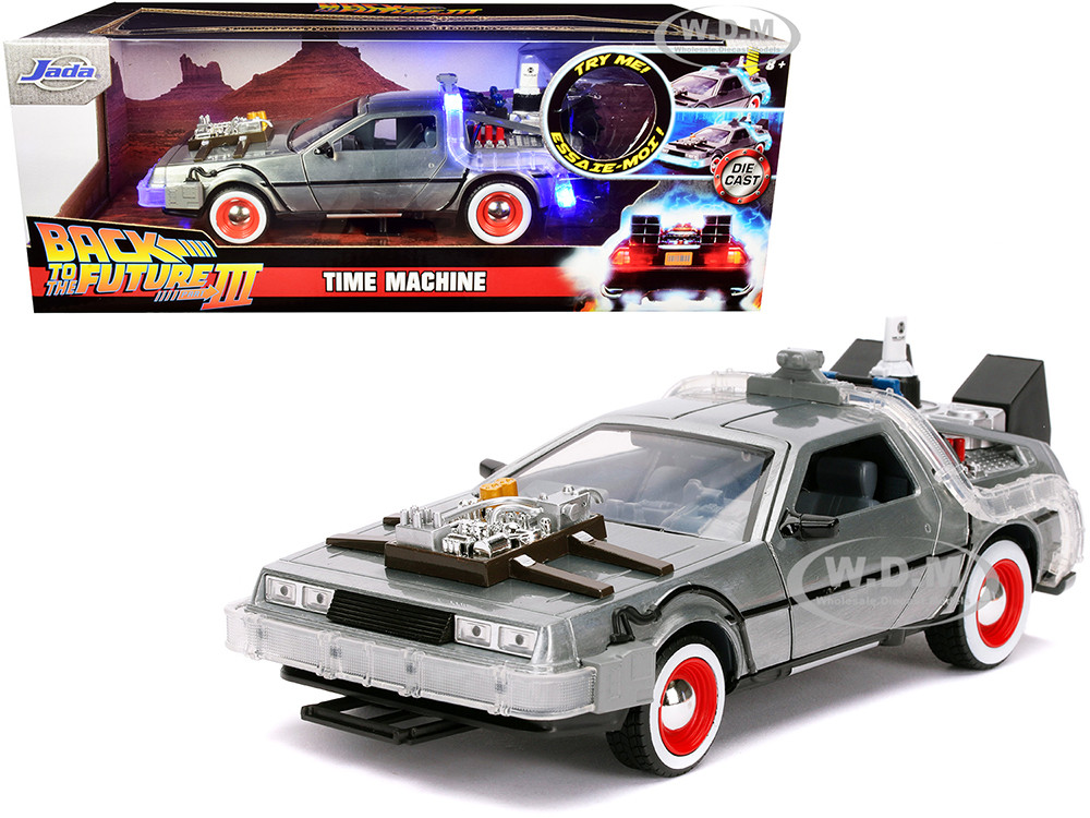 DeLorean Brushed Metal Time Machine with Lights "Back to the Future Part III" (1990) Movie "Hollywood Rides" Series 1/24 Diecast Model Car by Jada diecast model