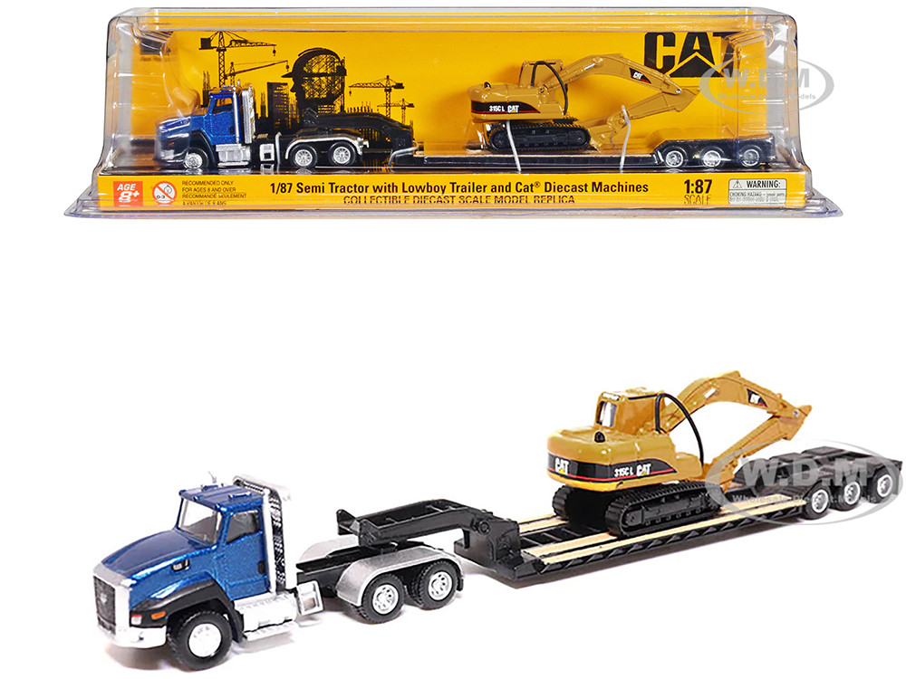 CAT Caterpillar CT660 Day Cab Tractor Blue Metallic with Lowboy Trailer and CAT 315C L Hydraulic Excavator Yellow 1/87 (HO) Diecast Model by Diecast Masters diecast model