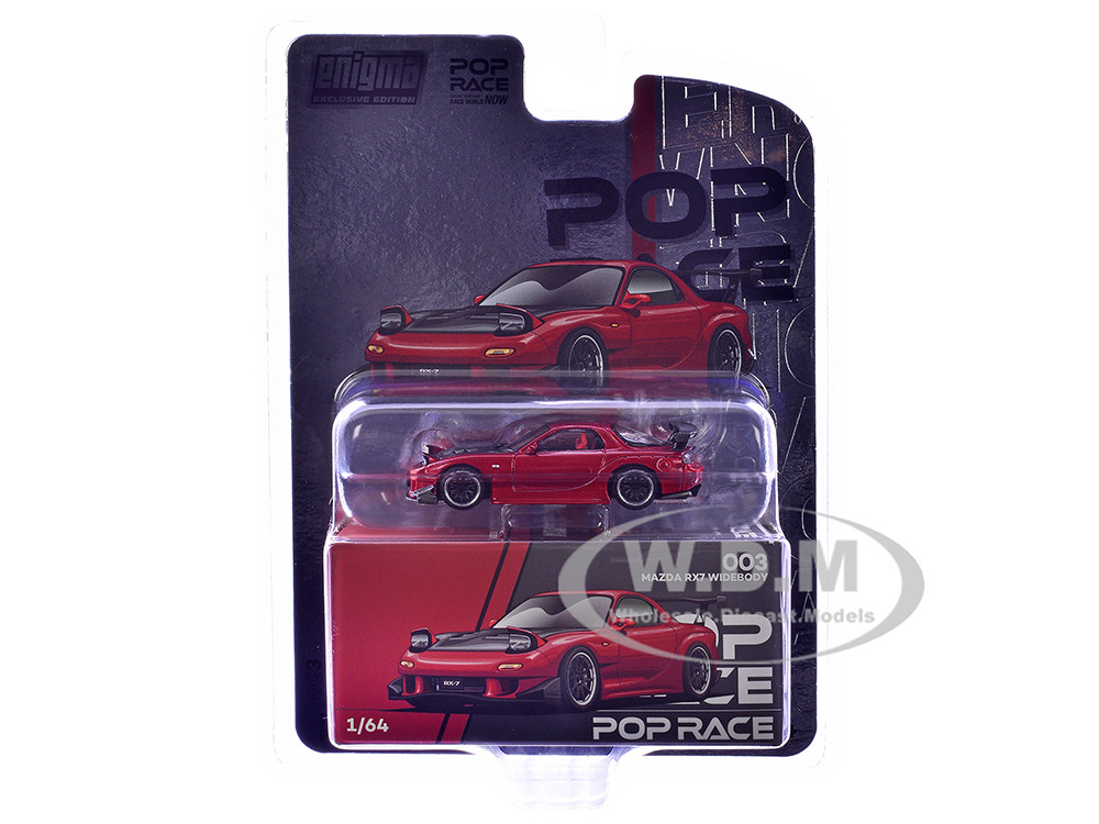 Mazda RX-7 Widebody RHD (Right Hand Drive) Red Metallic with Carbon Hood "Enigma Exclusive Edition" 1/64 Diecast Model Car by Pop Race diecast model