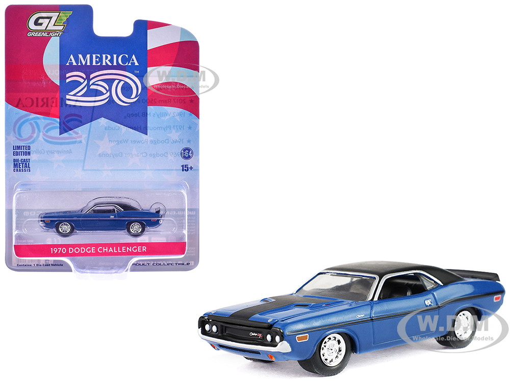 1970 Dodge Challenger Blue with Black Top "America 250 Edition" "Anniversary Collection" Series 18 1/64 Diecast Model Car by Greenlight diecast model