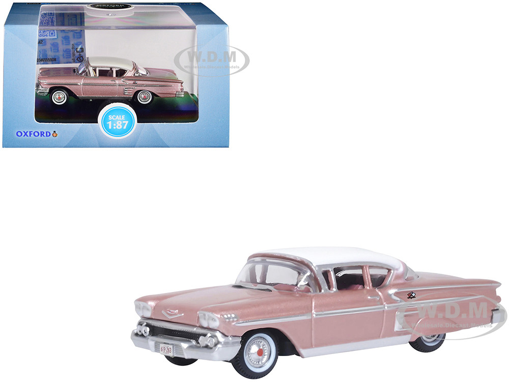 1958 Chevrolet Impala Sport Cay Coral Pink Metallic with White Top 1/87 (HO) Scale Diecast Model Car by Oxford Diecast diecast model