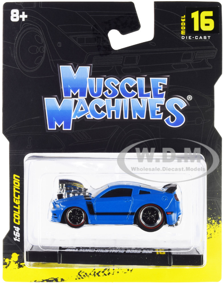 2013 Ford Mustang Boss 302 Light Blue with Black Stripes 1/64 Diecast Model Car by Muscle Machines diecast model