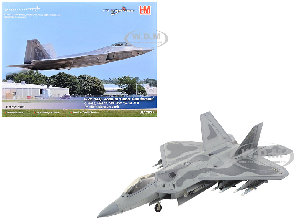 Lockheed F-22 Raptor Stealth Aircraft "01-4023, Major Joshua 'Cabo' Gunderson, 43rd FS, 325th FW, Tyndall AFB" United States Air Force "Air Power Series" 1/72 Diecast Model by Hobby Master diecast model
