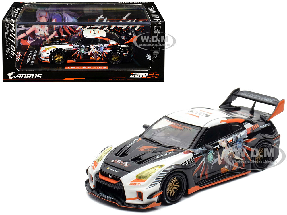 Nissan GT-R (R35) Widebody RHD (Right Hand Drive) Black and White with Graphics "AORUS X INNO64 Limited Edition" 1/64 Diecast Model Car by Inno Models diecast model