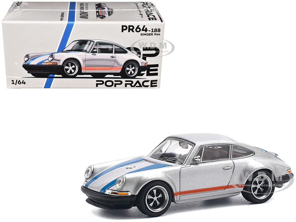 Singer 964 Silver Metallic with Blue and Red Stripes 1/64 Diecast Model Car by Pop Race diecast model