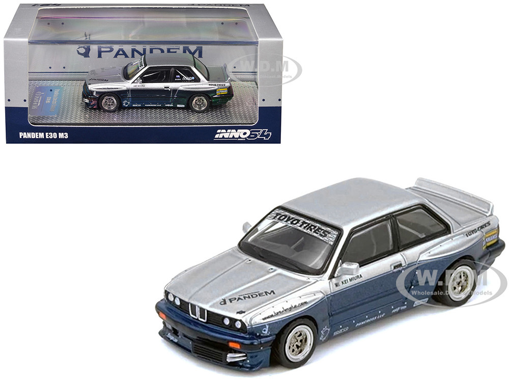 Pandem E30 M3 Silver Metallic and Dark Blue 1/64 Diecast Model Car by Inno Models diecast model