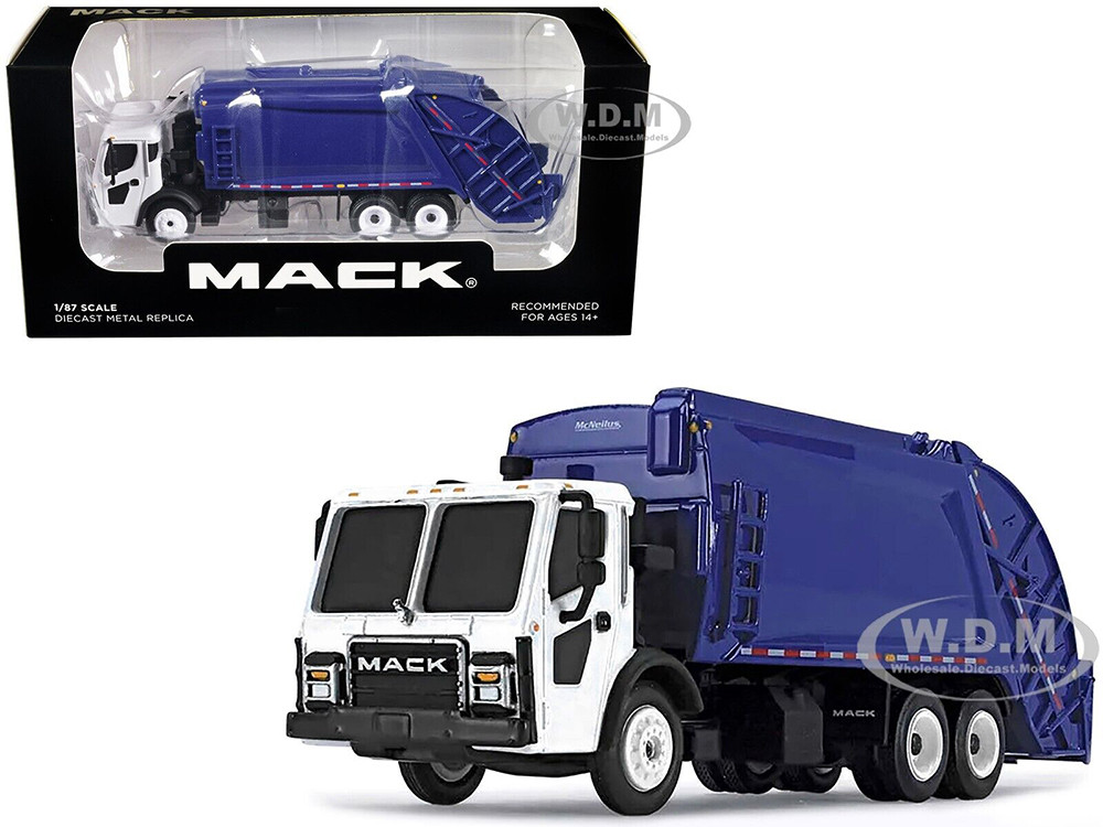 Mack LR with McNeilus Rear Load Refuse Body Blue and White 1/87 Diecast Model by First Gear diecast model