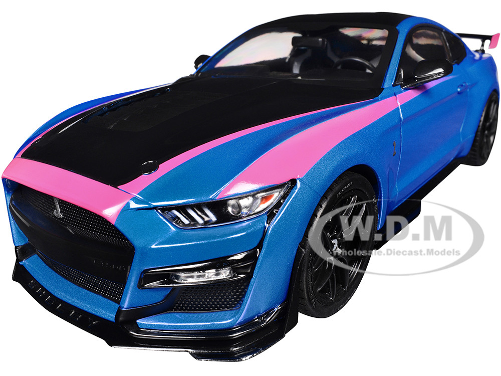 Ford Mustang Shelby GT500 Blue Metallic with Pink Stripes and Black Hood and Top "Pink Slips" Series 1/18 Diecast Model Car by Jada diecast model
