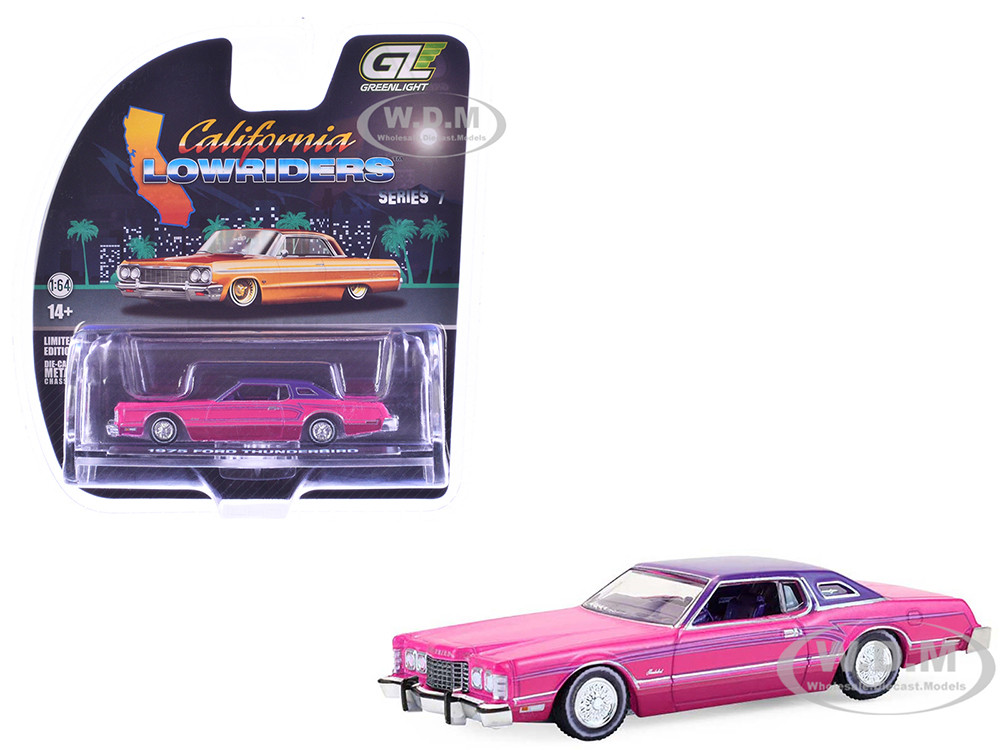 1975 Ford Thunderbird Lowrider Pink Metallic with Purple Top and Graphics with Purple Interior "California Lowriders" Series 7 1/64 Diecast Model Car by Greenlight diecast model