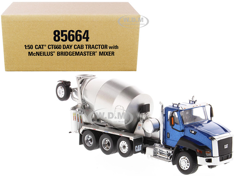 CAT Caterpillar CT660 Day Cab Tractor with McNeilus Concrete Mixer Truck Blue Metallic 1/50 Diecast Model by Diecast Masters diecast model