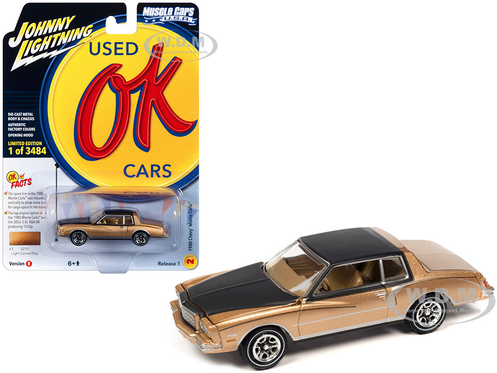 1980 Chevrolet Monte Carlo Light Camel Gold Metallic with Black Top and Hood Limited Edition to 3484 pieces Worldwide "OK Used Cars" 2023 Series 1/64 Diecast Model Car by Johnny Lightning diecast model