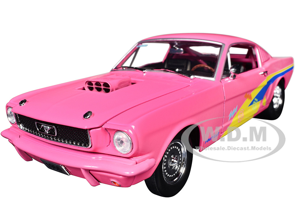 1966 Ford Mustang Fastback 2+2 Pink with Blue and Yellow Stripes "Pro Street" Limited Edition to 6250 pieces Worldwide 1/24 Diecast Model Car by M2 Machines diecast model