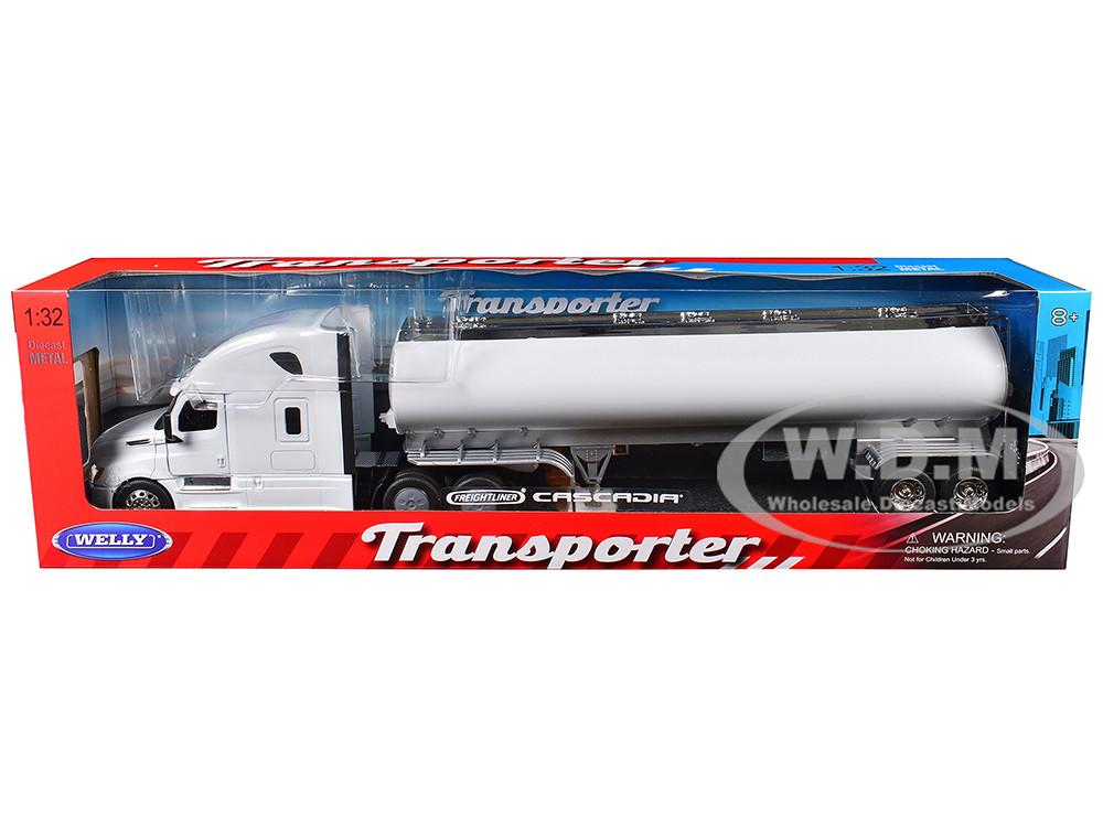 Freightliner Cascadia Truck White with White Tanker Trailer "Transporter" Series 1/32 Diecast Model by Welly diecast model