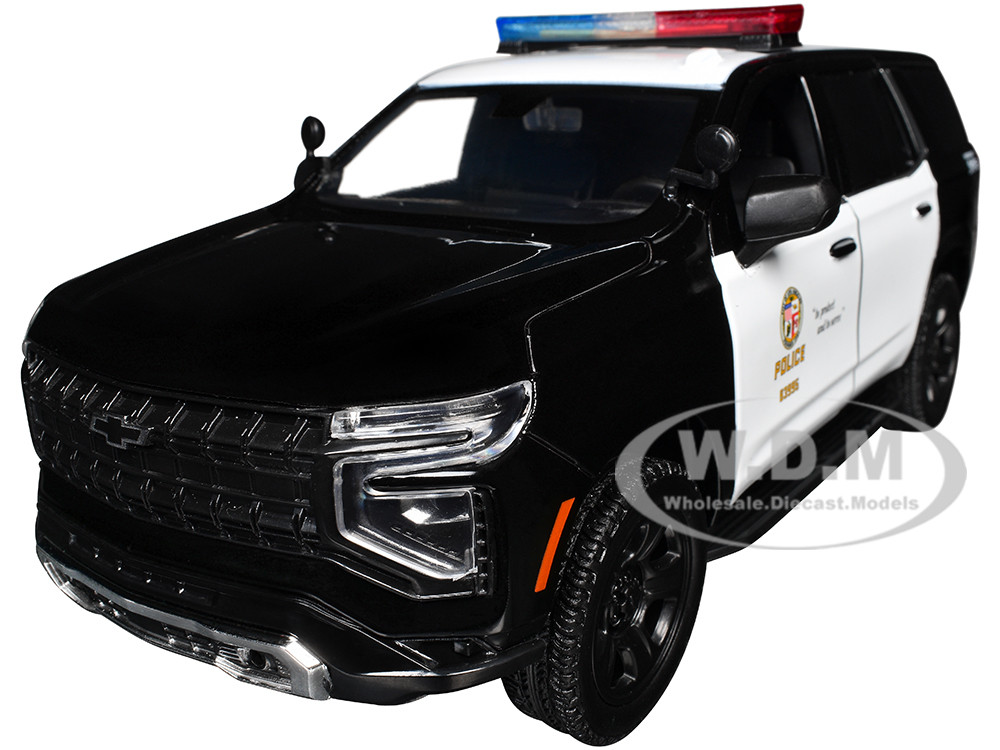 2025 Chevrolet Tahoe PPV "LAPD (Los Angeles Police Department)" Black and White with Flashing Light Bar and Front and Rear Lights and Sounds 1/24 Diecast Model Car by Motormax diecast model