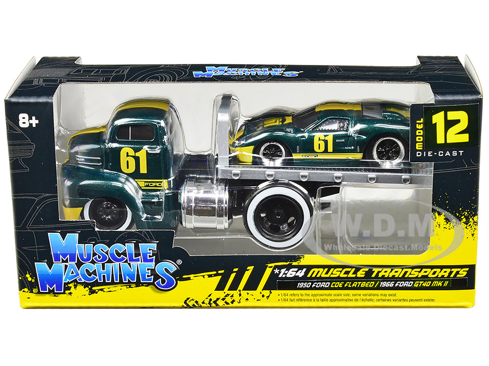1950 Ford COE Flatbed Truck #61 and 1966 Ford GT40 MK II #61 Green Metallic with Yellow Stripes "Muscle Transports" Series 1/64 Diecast Models by Muscle Machines diecast model