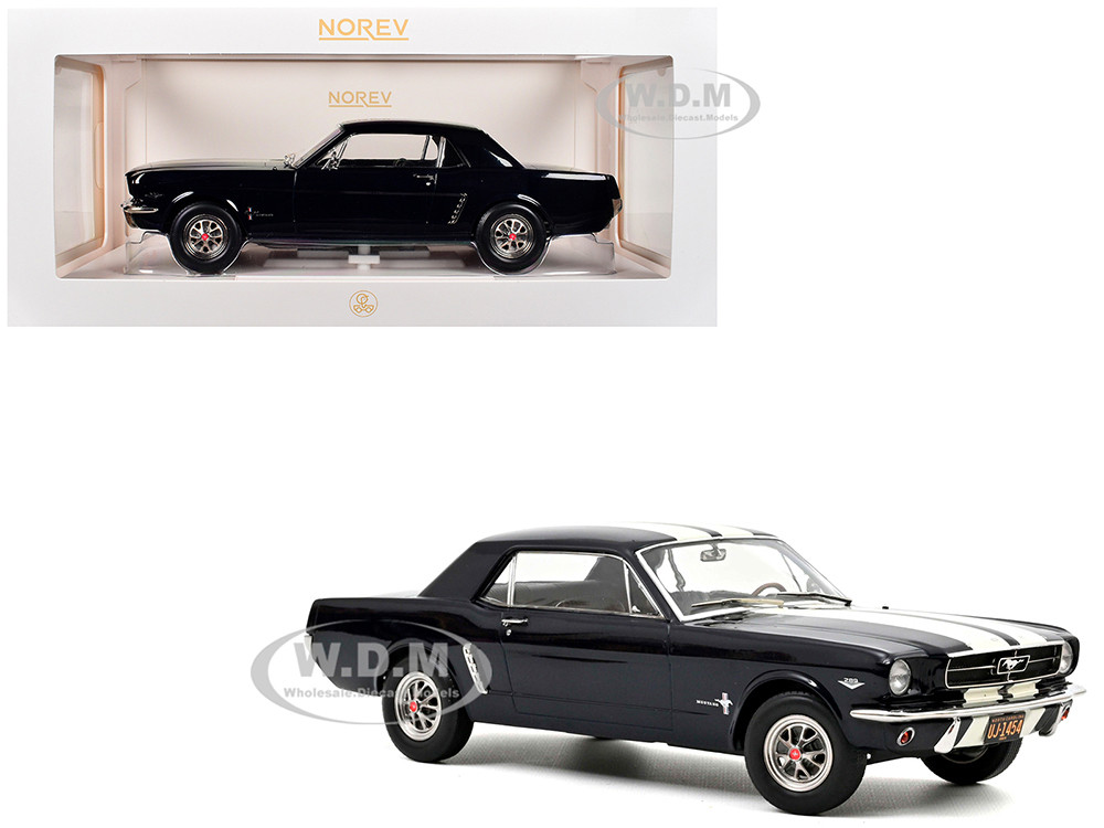 1965 Ford Mustang Hardtop Coupe Nightmist Blue Metallic with White Stripes 1/18 Diecast Model Car by Norev diecast model