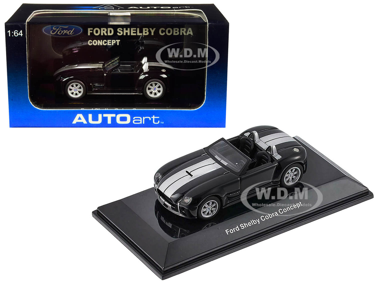 2004 Ford Shelby Cobra Concept Ebony Black Metallic with Bright Argent Silver Stripes 1/64 Model Car by Autoart diecast model