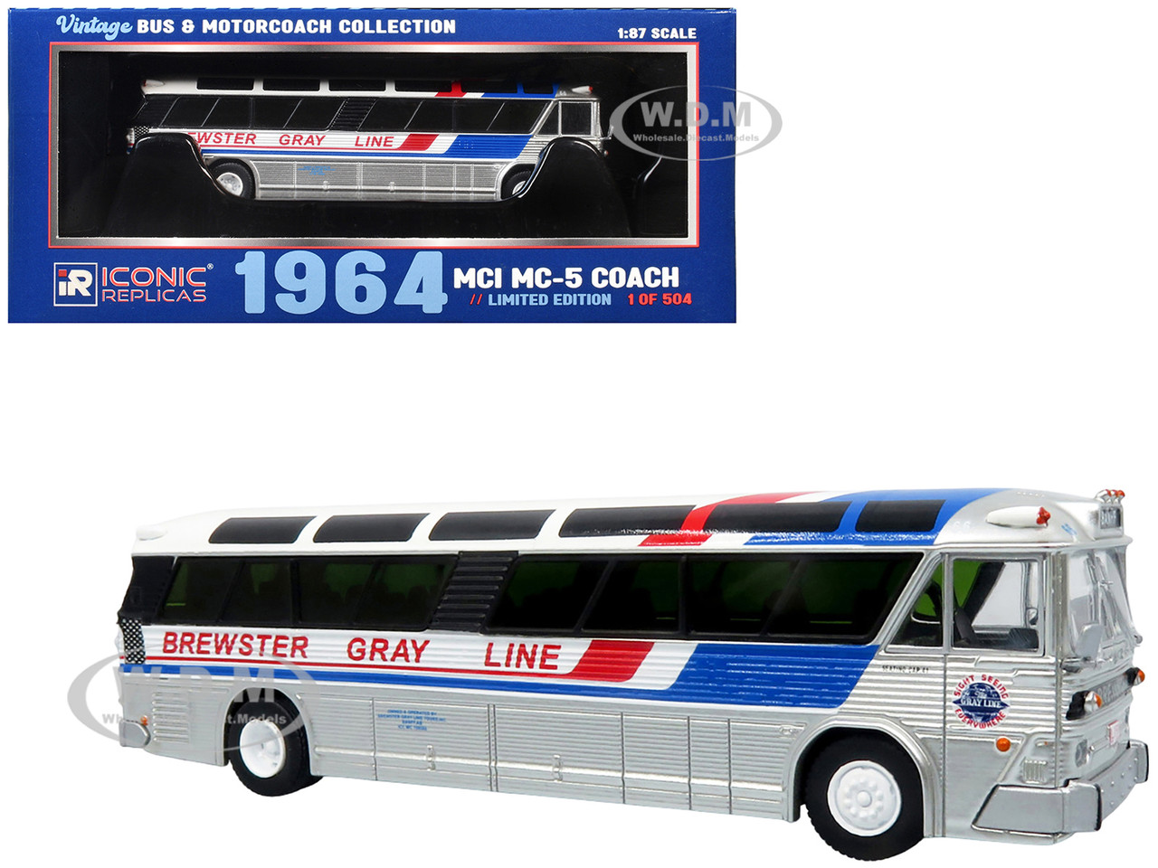 1964 MCI MC-5A Coach Bus "Brewster Gray Line" Silver with Blue and Red Stripes "Vintage Bus & Motorcoach Collection" Limited Edition to 504 pieces Worldwide 1/87 (HO) Diecast Model by Iconic Replicas diecast model