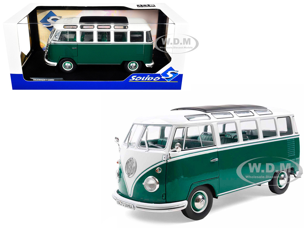 1962 Volkswagen T1 Samba Bus Green and White 1/18 Diecast Model Car by Solido diecast model