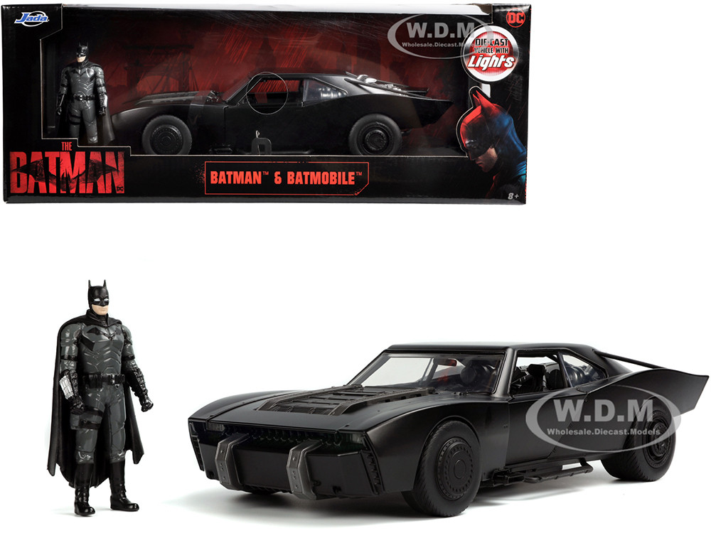 Batmobile Matt Black with Lights with Batman Diecast Figurine "The Batman" (2022) Movie "DC Comics" 1/18 Diecast Model Car by Jada diecast model