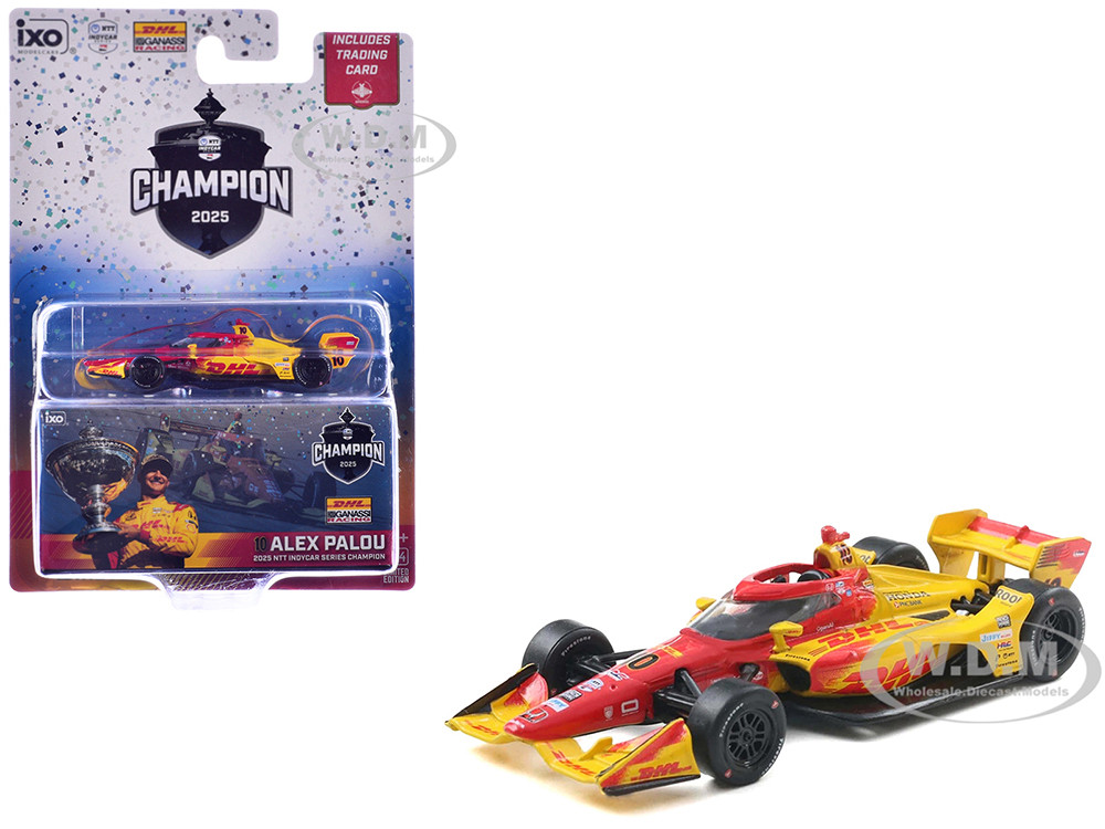 Dallara IndyCar #10 Alex Palou "DHL" Chip Ganassi Racing (Road Course Configuration) Champion "NTT IndyCar Series" (2025) with Trading Card 1/64 Diecast Model Car by IXO Models diecast model